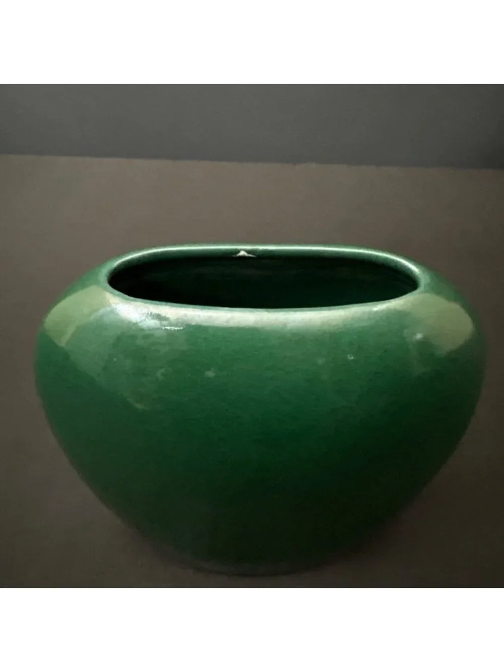 Vintage Green Vase Ceramic Glossy Finish Asymmetrical Oval Shape Modern Design